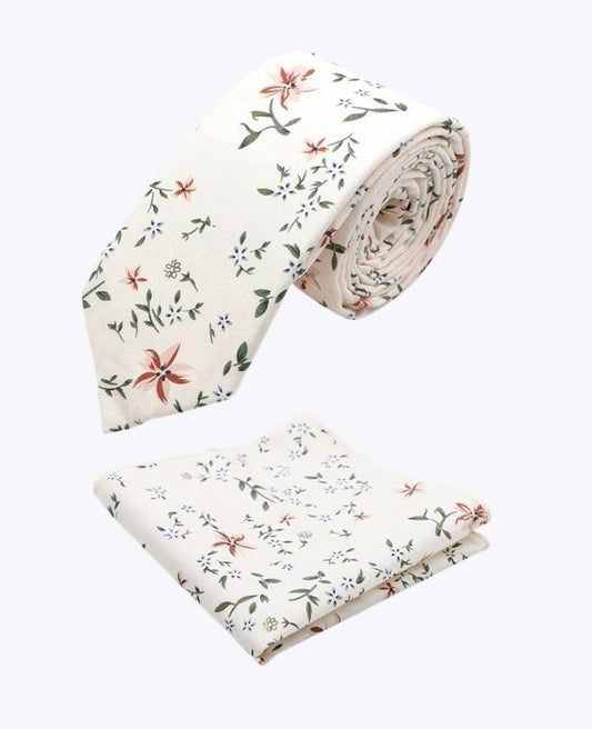 Cravate + Pochette de Costume Liberty Blanc n°8 Homme en Coton «Charles»