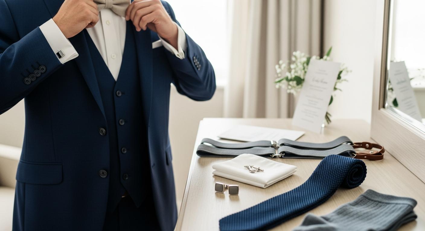 Marié en costume bleu marine ajustant un nœud papillon en lin, accessoires de costume posés sur une commode Imagem