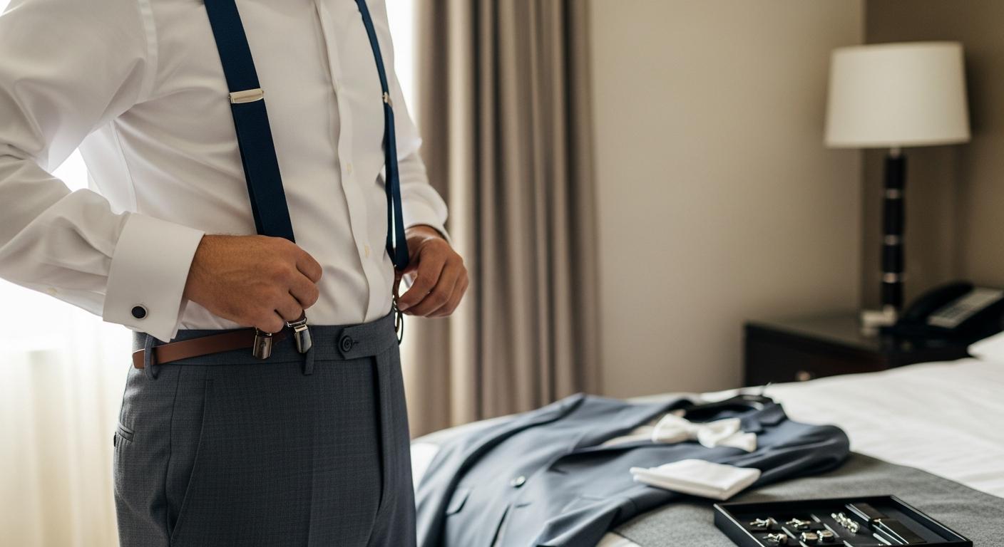 Homme en chemise blanche ajustant des bretelles bleu marine avec attaches en cuir, dans une chambre lumineuse avant un mariage Imagem