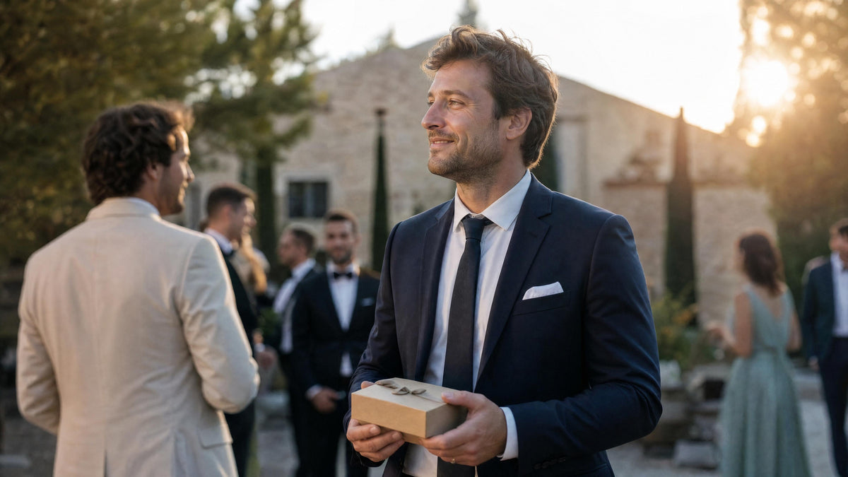 Témoin de mariage recevant un accessoire homme en cadeau, dans une ambiance de cérémonie élégante. Imagem