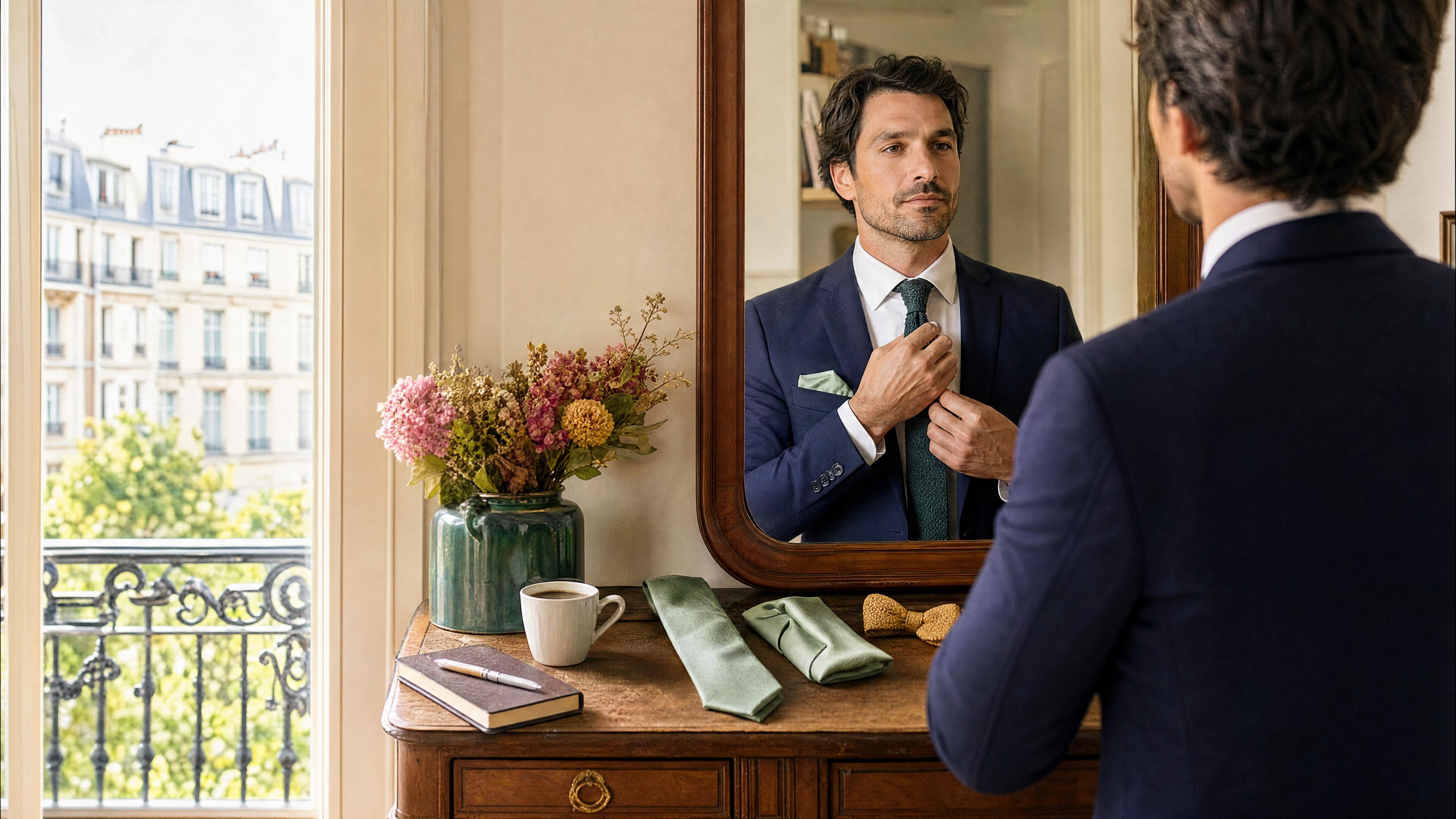 Homme en blazer bleu marine ajustant sa cravate, avec une pochette de costume et des accessoires vert sauge posés sur une commode, ambiance rentrée au bureau. Imagem