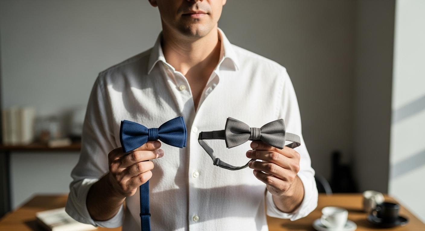Homme en chemise blanche comparant un nœud papillon à nouer et un modèle ajustable dans un intérieur lumineux Imagem
