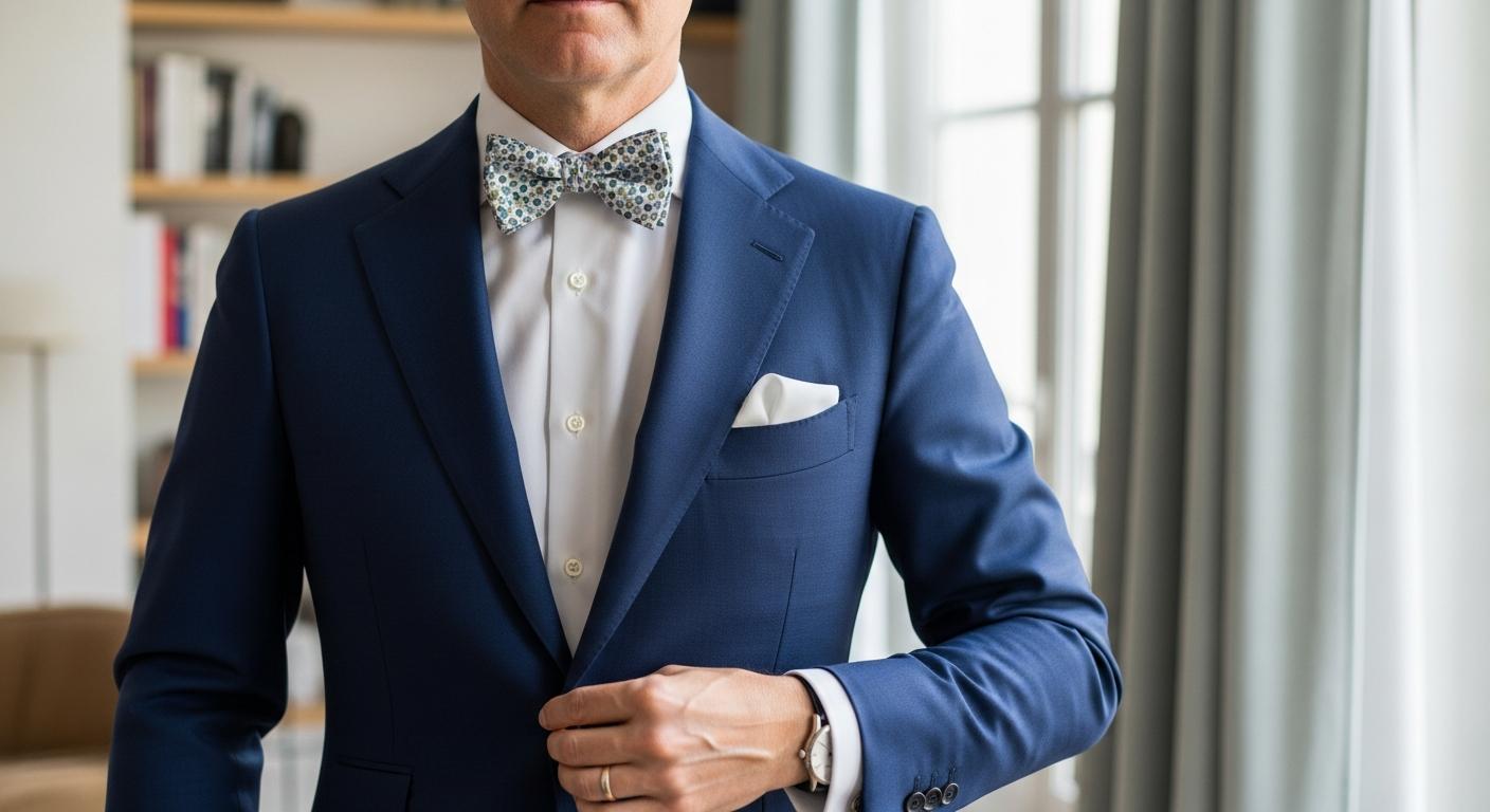 Homme en costume bleu marine portant un nœud papillon liberty avec chemise blanche, photographié en lumière naturelle dans un intérieur élégant Imagem