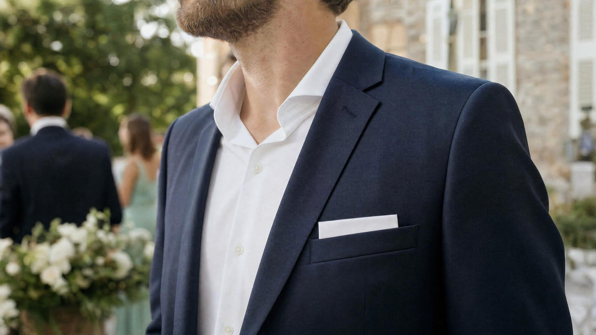 Homme en costume avec pochette de costume pour mariage, style élégant et formel. Imagem