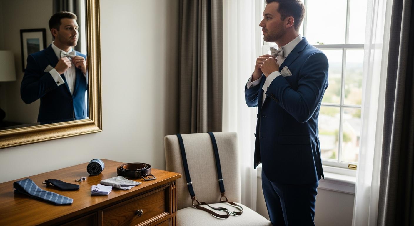 Témoin ajustant son nœud papillon devant un miroir, costume bleu marine et accessoires assortis, dans une chambre d’hôtel avant un mariage Imagem