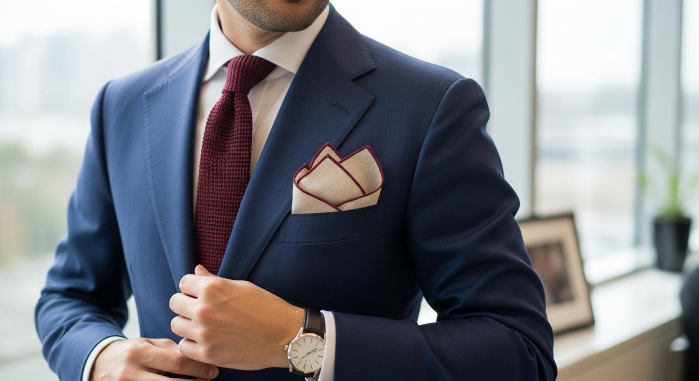 Homme en costume bleu marine avec chemise blanche et cravate bordeaux, portant une pochette en lin écru à liseré bordeaux dans la poche poitrine, lumière naturelle en bureau Imagem