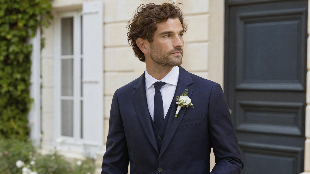 Homme en costume portant une boutonnière sur le revers gauche de sa veste Imagem