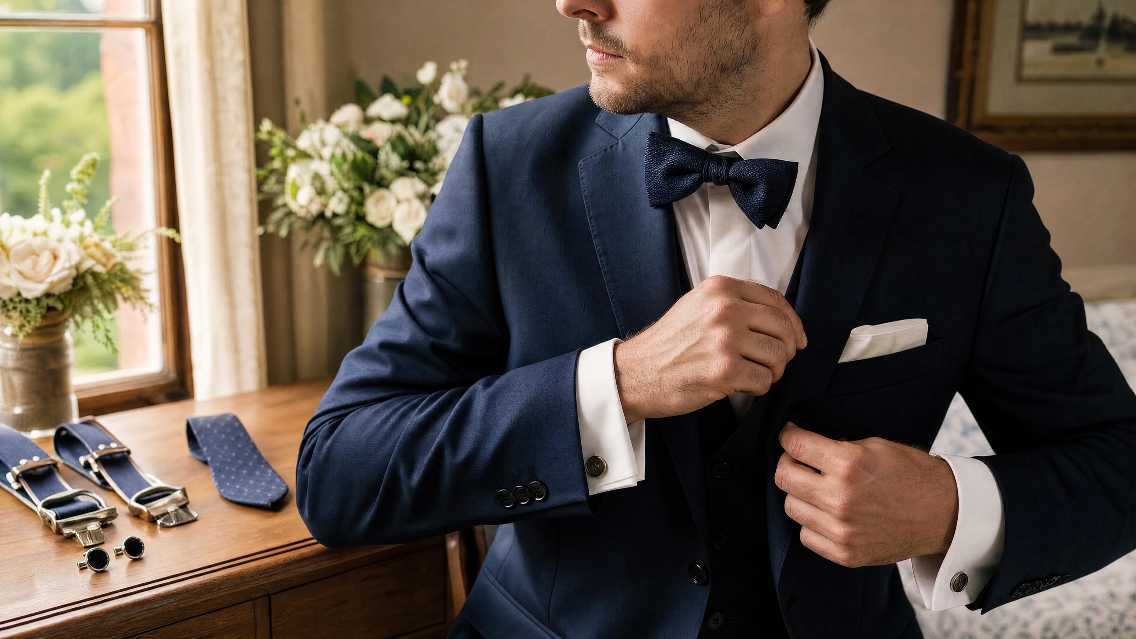 Homme en costume ajustant son nœud papillon et sa pochette lors des préparatifs d’un mariage Imagem