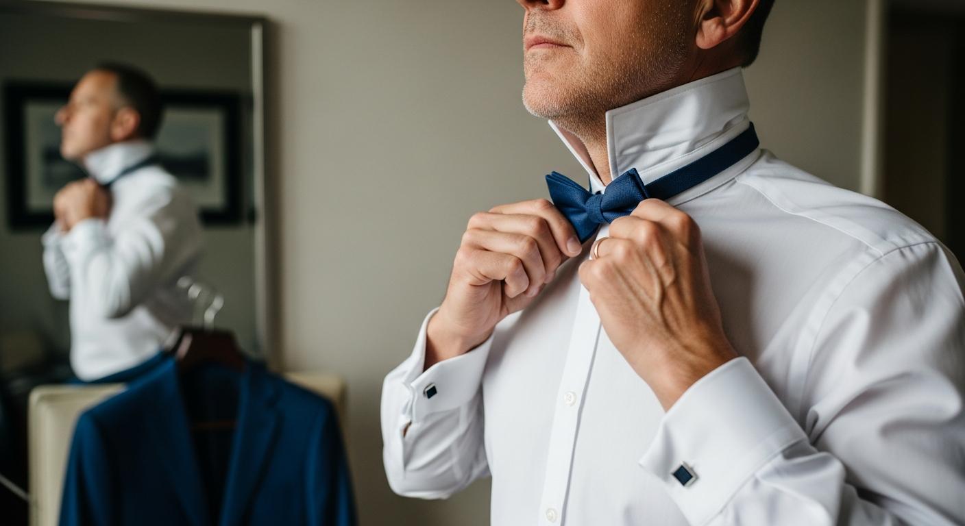 Homme ajustant un nœud papillon devant un miroir, en chemise blanche, pour illustrer le choix selon la morphologie Imagem