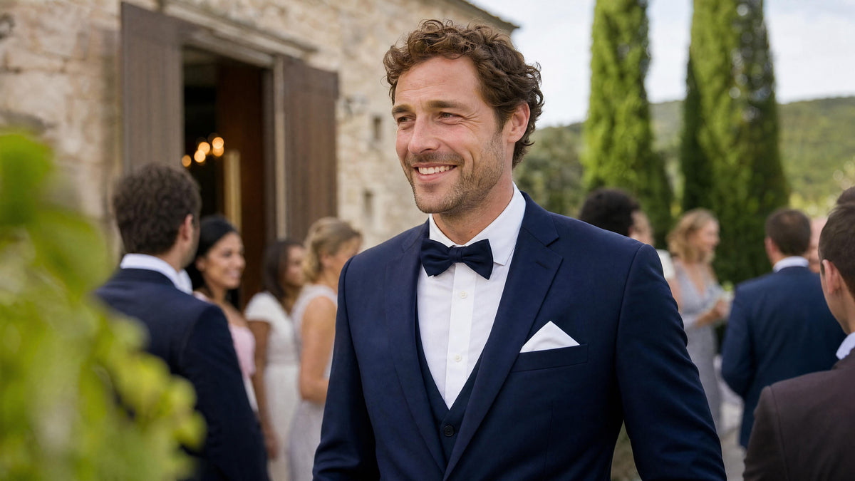 Homme en tenue de mariage avec accessoires assortis à un costume bleu marine. Imagem