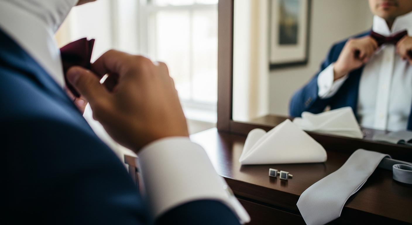 Homme en costume bleu marine ajustant un nœud papillon bordeaux devant un miroir, avec accessoires de mariage posés sur une commode Imagem