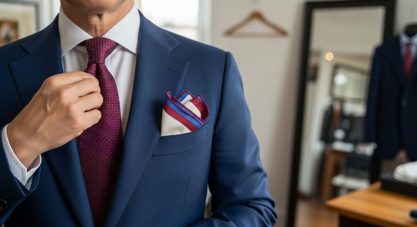 Homme en costume bleu marine avec cravate bordeaux et pochette en lin ivoire assortie, photographié en lumière naturelle près d’une fenêtre Imagem