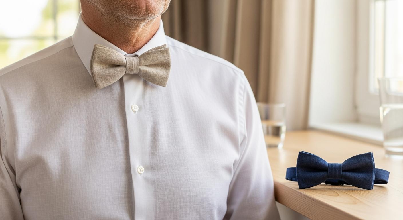 Homme en chemise blanche portant un nœud papillon en lin beige, avec un nœud papillon en coton bleu marine posé sur une table en bois dans une lumière douce d’été Imagem