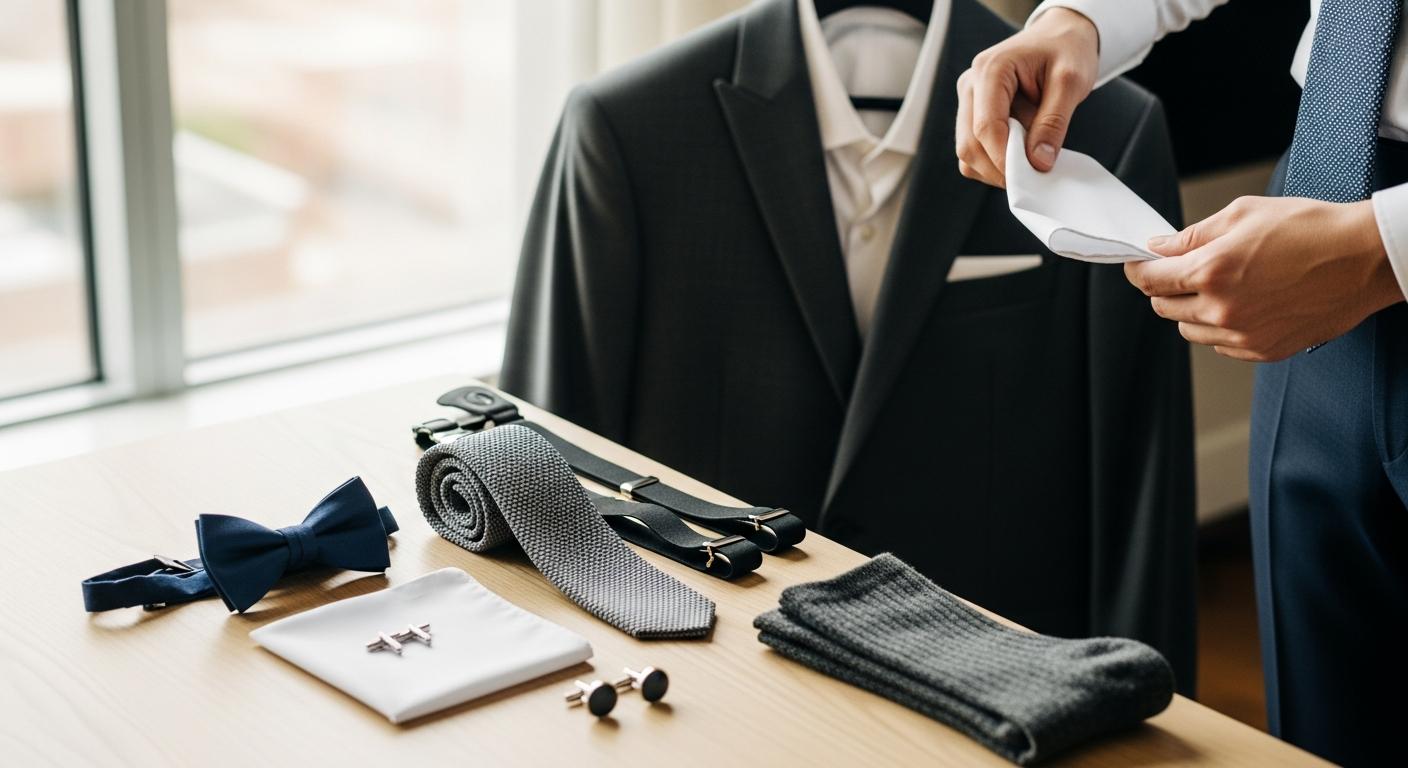 Accessoires de costume posés sur une table en bois, avec un homme qui compare nœud papillon, cravate et pochette près d’une fenêtre Imagem