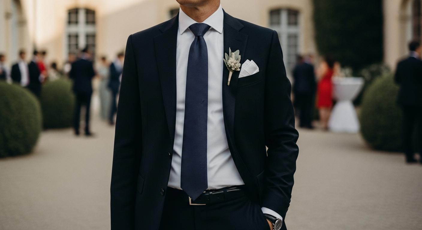Homme en costume noir avec chemise blanche et cravate élégante lors d’un mariage, cadrage mi-corps en lumière douce Imagem