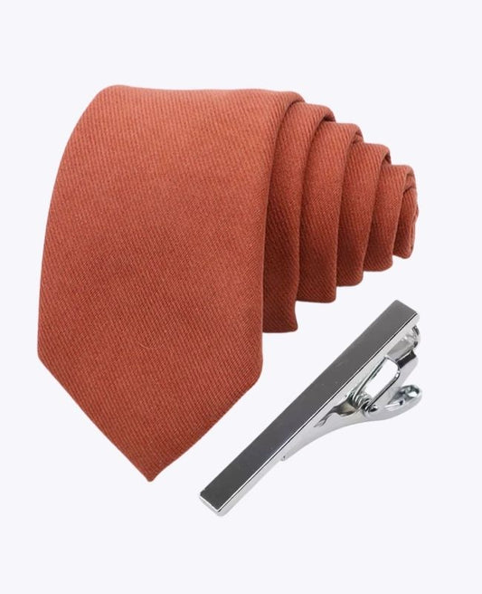 Cravate + Pince à Cravate Terracotta n°3 Homme en Effet Velours «Simon»
