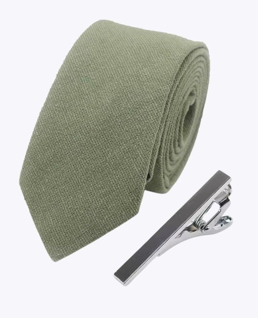 Cravate + Pince à Cravate Vert n°2 Homme en Coton «Edgard»