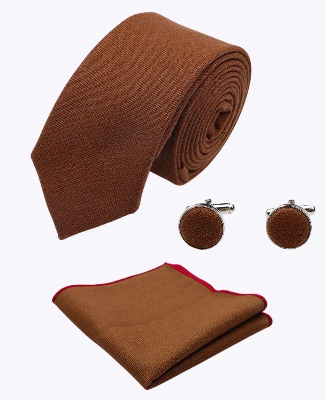 Gravata + Lenço de bolso + Abotoaduras Castanho n°1 Homem em Linho «Basile»