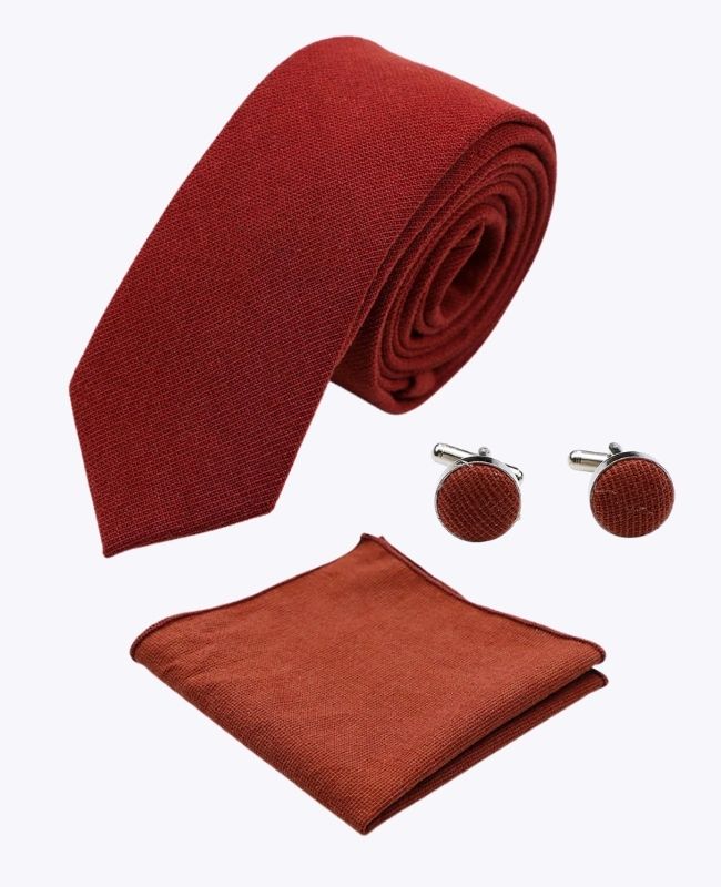 Gravata + Lenço de bolso + Abotoaduras Terracotta Homem em Algodão «Edgard»