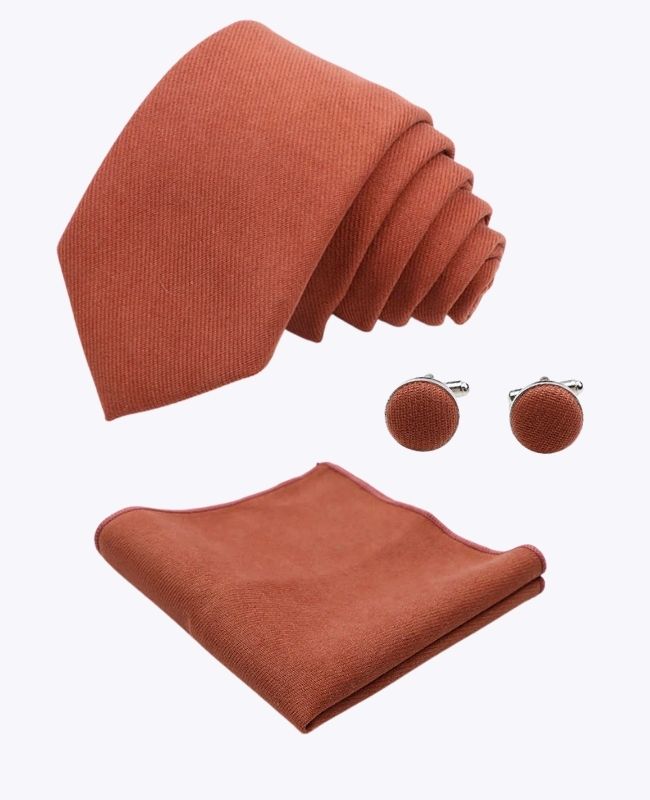 Gravata + Lenço de bolso + Abotoaduras Terracotta n°3 Homem em Efeito Veludo «Simon»