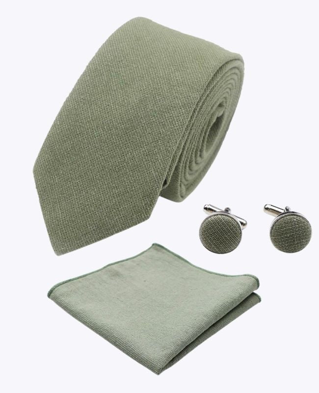 Gravata + Lenço de bolso + Abotoaduras Verde n°2 Homem em Algodão «Edgard»