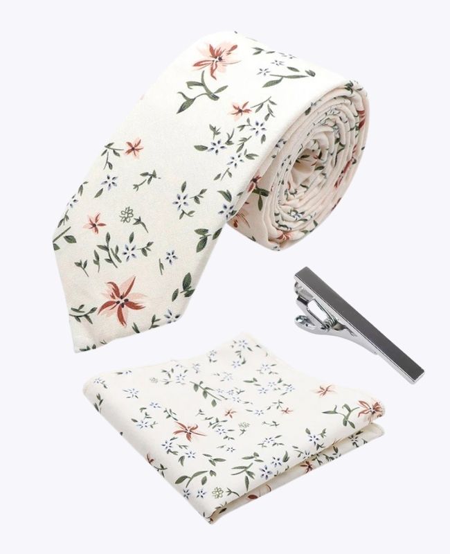 Gravata + Lenço de bolso + Prendedor de gravata Liberty Branco n°8 Homem em Algodão «Charles»