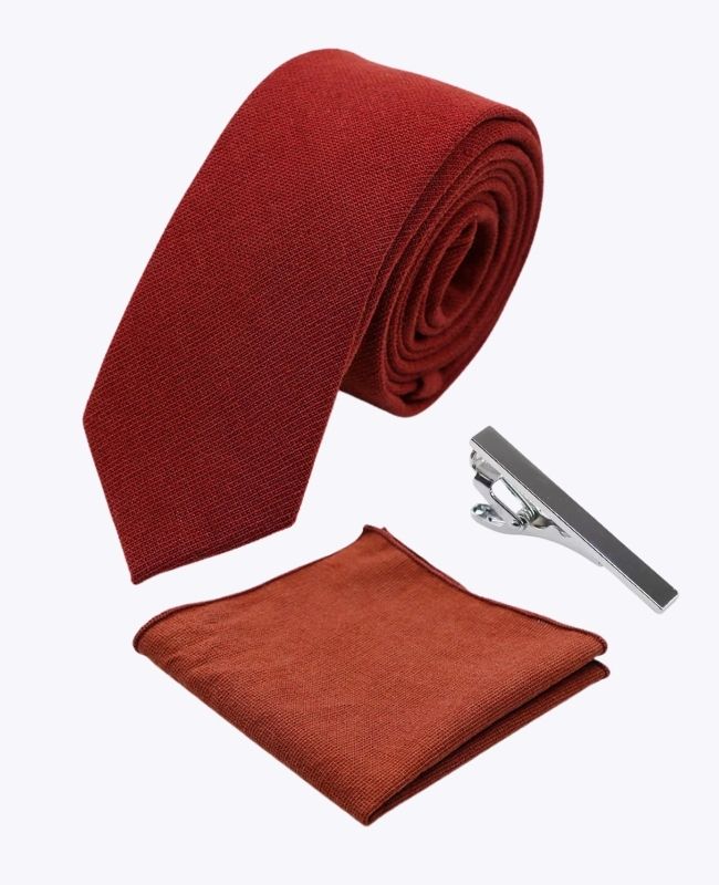 Gravata + Lenço de bolso + Prendedor de gravata Terracotta Homem em Algodão «Edgard»