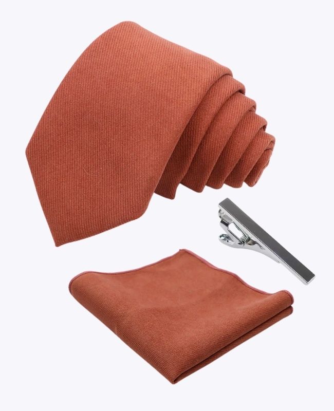 Gravata + Lenço de bolso + Prendedor de gravata Terracotta n°3 Homem em Efeito Veludo «Simon»