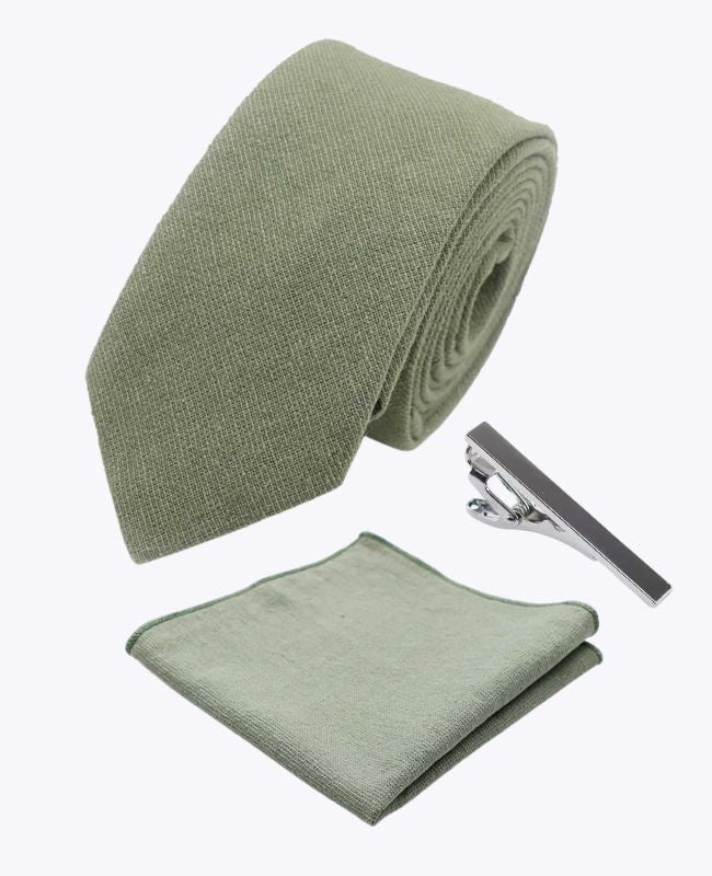 Gravata + Lenço de bolso + Prendedor de gravata Verde n°2 Homem em Algodão «Edgard»