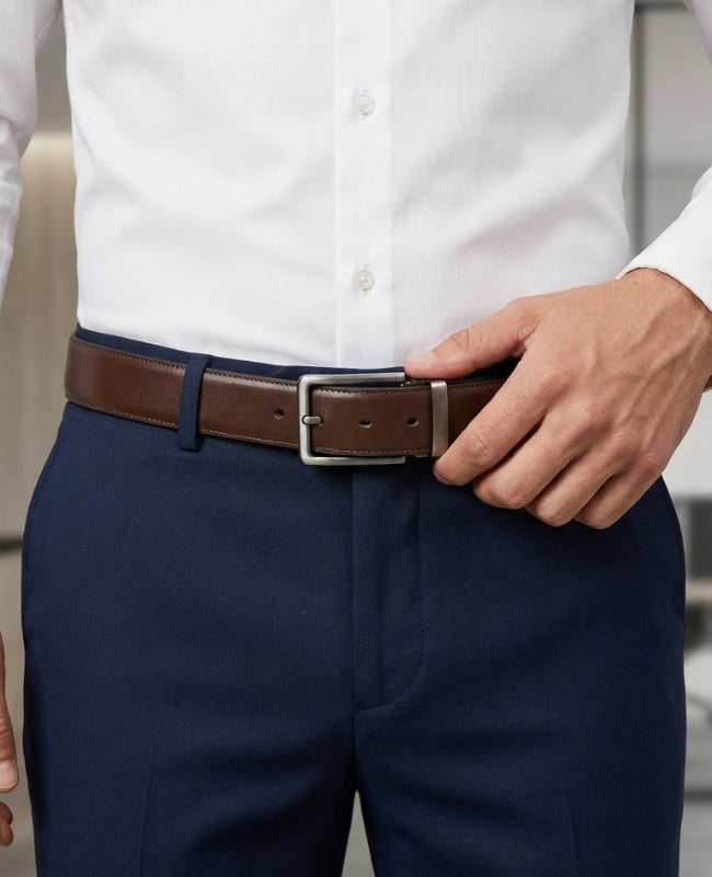 Cinto de Fato Homem Castanho e Preto Reversível em Couro "Constant"