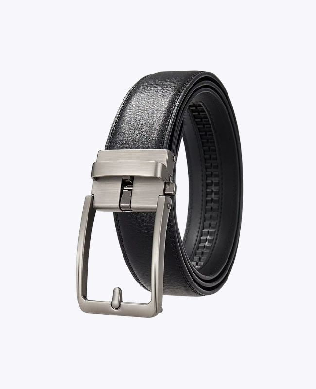 Ceinture Homme Noir en Cuir Boucle Argentée Sans Trou