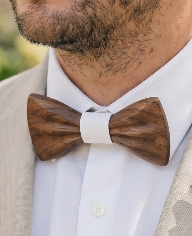 Conjunto Laço Branco Homem em Madeira Escura «Hippolyte»