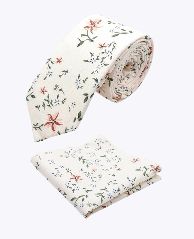 Gravata + Lenço de bolso Liberty Branco n°8 Homem em Algodão «Charles»