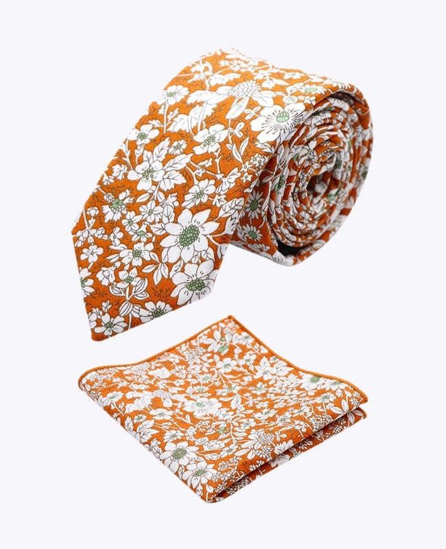 Gravata + Lenço de bolso Liberty Laranja Homem em Algodão «Clovis»