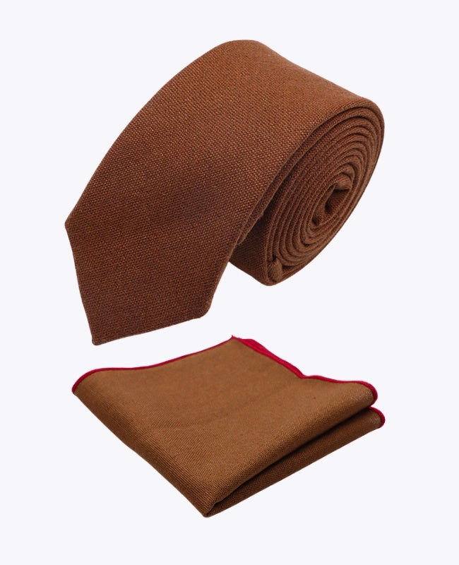 Gravata + Lenço de bolso Castanho n°1 Homem em Linho «Basile»