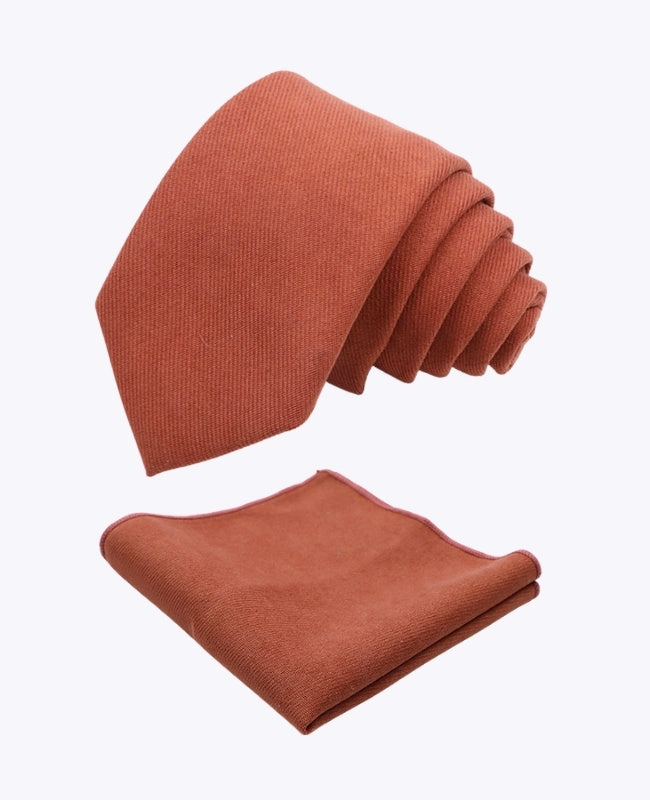 Gravata + Lenço de bolso Terracotta n°3 Homem em Efeito Veludo «Simon»