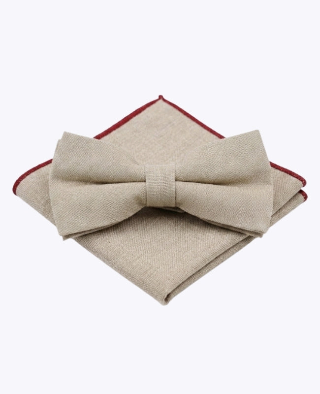 Noeud Papillon + Pochette de Costume Beige n°2 Homme en Lin «Basile»