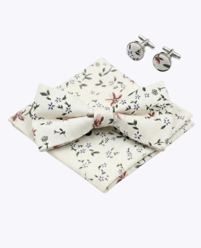 Noeud Papillon + Pochette de Costume + Boutons de Manchette Blanc n°8 Homme en Coton «Charles»