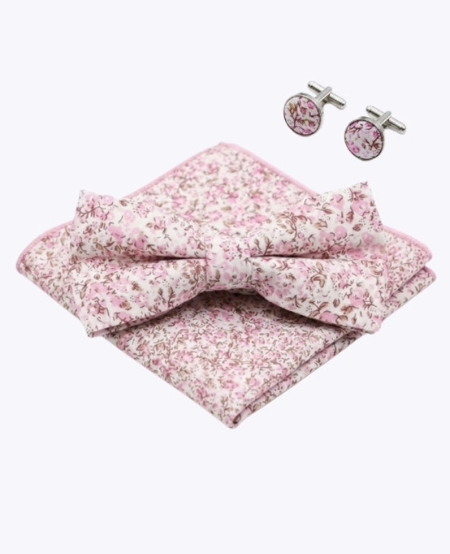 Laço + Lenço de bolso + Abotoaduras Liberty Rosa n°4 Homem em Algodão «Gaspard»