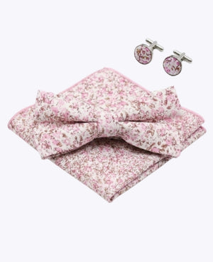 Laço + Lenço de bolso + Abotoaduras Liberty Rosa n°4 Homem em Algodão «Gaspard»