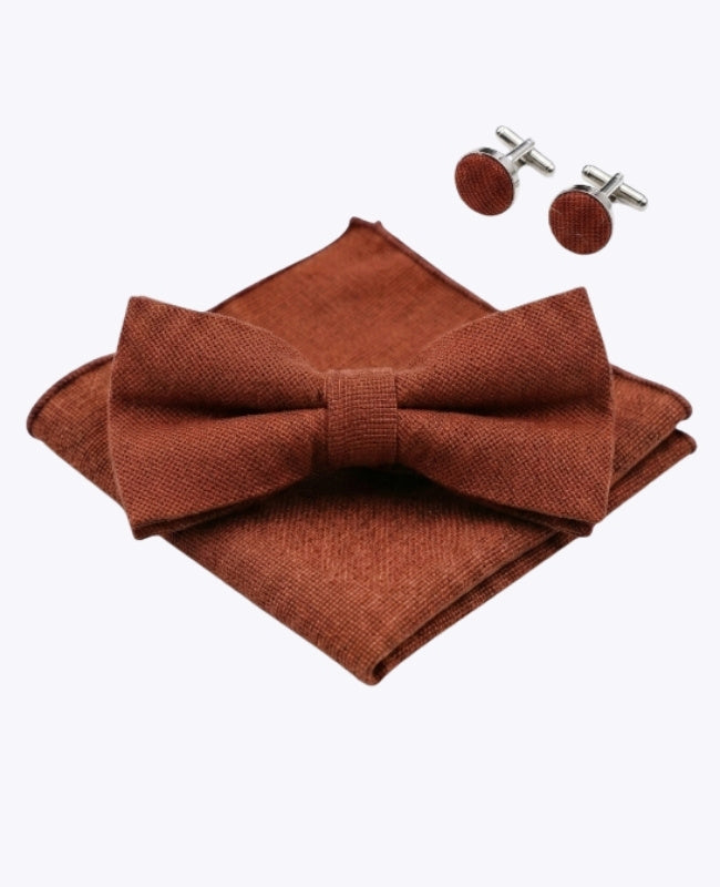 Laço + Lenço de bolso + Abotoaduras Terracotta Homem em Algodão «Edgard»