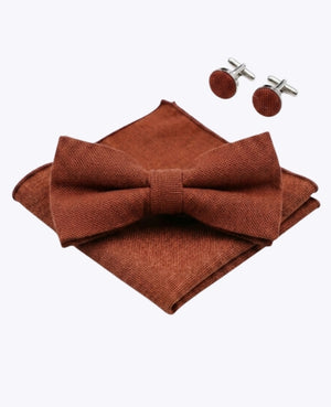 Laço + Lenço de bolso + Abotoaduras Terracotta Homem em Algodão «Edgard»