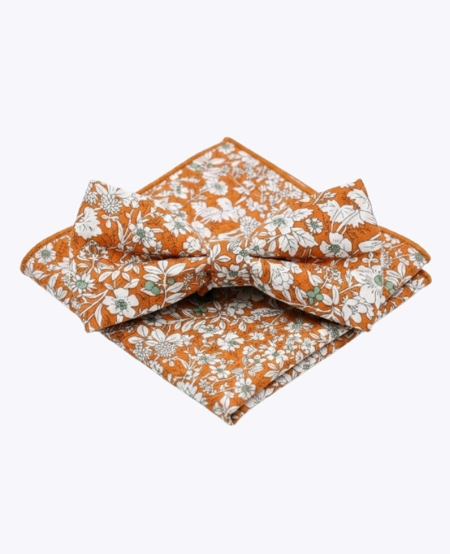 Laço + Lenço de bolso Liberty Laranja Homem em Algodão «Clovis»