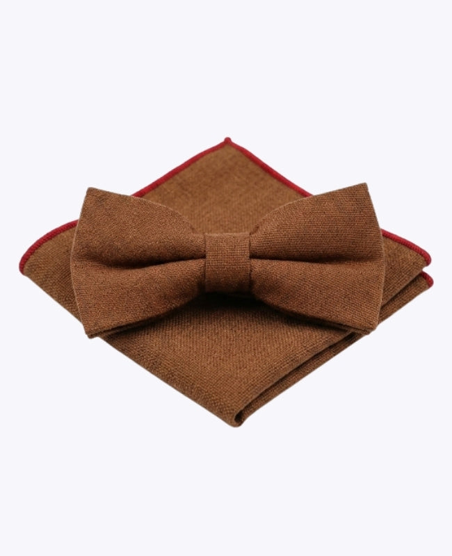 Noeud Papillon + Pochette de Costume Marron n°1 Homme en Lin «Basile»
