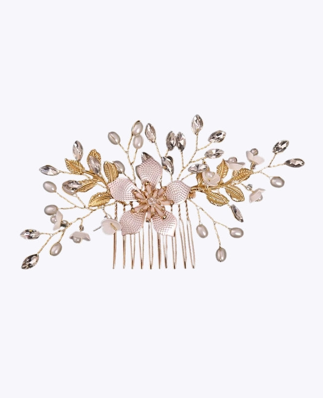 Pente de noiva Floral Dourado n°4 Mulher «Élise»